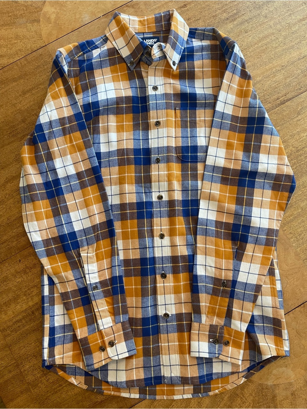 Lands' End Men's Plaid Button-Down Shirt in Blue, Yellowish Brown & White